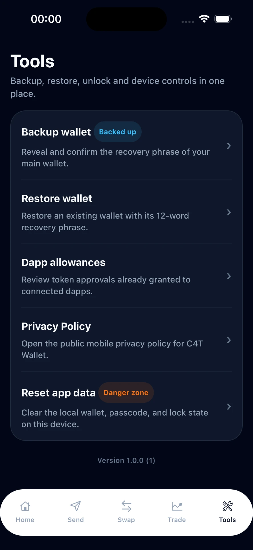 C4T Wallet Tools screen